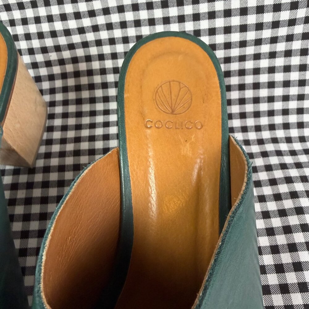 Coclico Green Leather Platform Mules Wooden Heel Sandals EU 37.5 Made in Spain - Picture 3 of 4